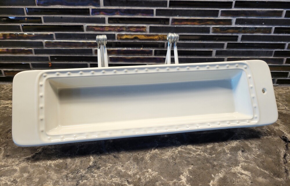 NORA FLEMING STONEWARE CRACKER TRAY 12" WHITE PEARL DOT RECTANGLE SERVING DISH